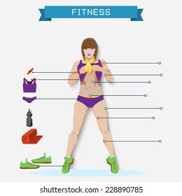 Girl shows press, flat illustration infographic for fitness and healthy lifestyle