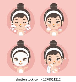 The girl shows the procedure to clean the face thoroughly and nourish the face to look beautiful by mask treatment for younger without wrinkles.