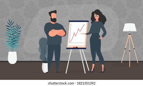 The girl shows a report to the boss. Presentation with positive dynamics. Board for paper. Infographics. Business growth. Isolated. Vector.