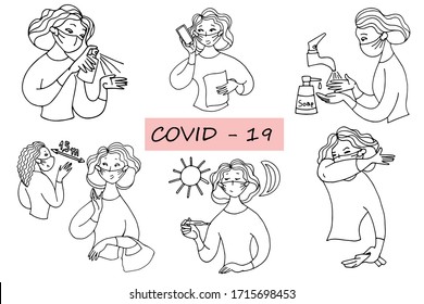 Girl shows rules of conduct during a pandemic, black and white image, vector illustration, doodle