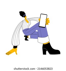 The girl shows the screen of her mobile phone. Vector illustration on the topic of mobile communication and smartphone use.