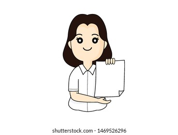 Girl shows a sheet of paper, Cartoon vector illustration