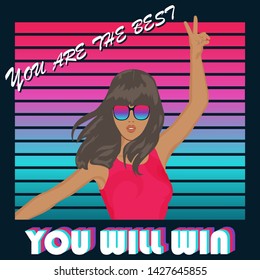 The girl shows a sign of victory. Abstract female portrait close up. Vector illustration