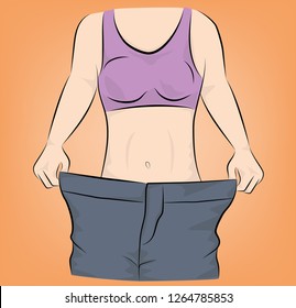 the girl shows that her pants are great. weight loss concept. vector illustration.