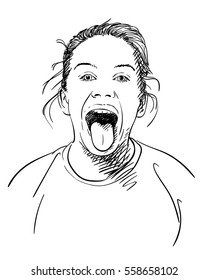 Girl shows tongue, Hand drawn illustration, Vector black sketch on white background