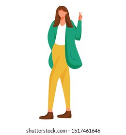 Girl shows v sign flat vector illustration. Teenager lifestyle. Youth culture. Young standing woman in casual clothes gesturing victory sign isolated cartoon character on white background