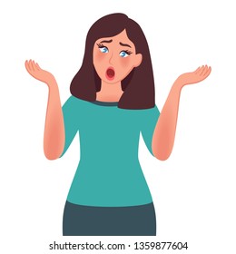 The girl shrugs and confused. Gestures and Mick man. Vector illustration of people's emotions