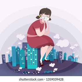 The girl is sick because of the smoke dust in the capital, Smog serious threat to public health, PM 2.5,Vector Illustration.