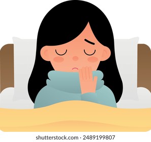 The girl is sick in bed
