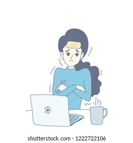 Girl is sick. character design of vector. doodle art style.