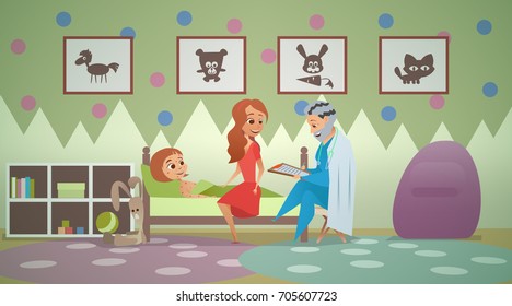 The girl was sick with chickenpox, lying in bed. A gray-haired man prescribes a prescription. Mom sits on the bed next to her daughter. Interior of a children's playroom