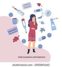 
Girl sick with cold symptoms and treatment. Isolate on a white background. Vector illustration.