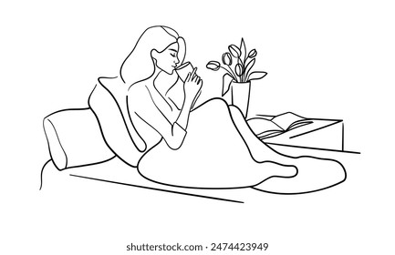 Girl is sick and drinks tea in hospital bed continuous line art drawing isolated on white background. Vector illustration