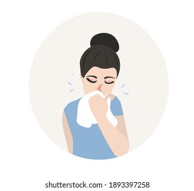 girl is sick with flu and cold, Woman blows out snot, covid 19 disease, image of a girl with a cold with a red nose. vector illustration in flat style. cartoon style.  sneezing into a handkerchief