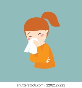 The girl is sick icon. The girl blows her nose into a handkerchief. Headache, cold, runny nose. The child got sick. Quarantine.