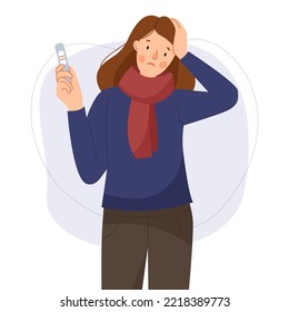 The girl is sick, temperature and headache. Woman holding a positive coronavirus test. Vector flat illustration.