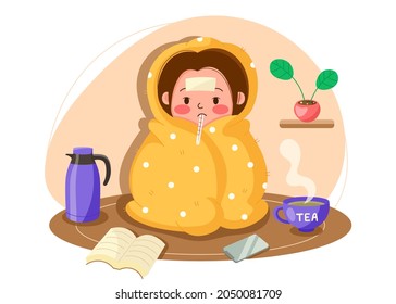 Girl is sick vector illustration. The female character has a high fever. The woman wrapped herself in a blanket with a thermometer in her mouth and a compress on her forehead. Fell ill in the winter.
