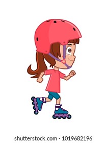 girl side view roller skating in a pink helmet 