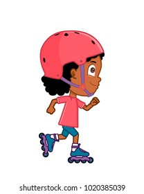 girl side view roller skating in a pink helmet 