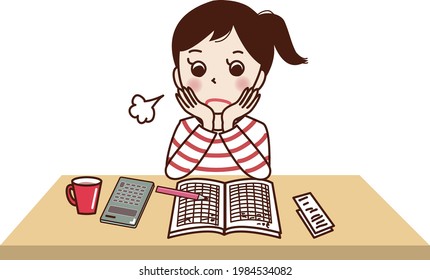 Girl sighing with household account book.