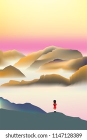 girl sightseeing mountain mist sunset beautiful view poster template background