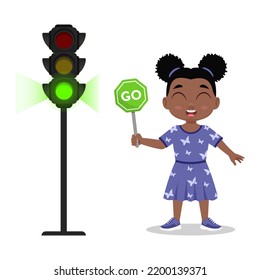 Girl with a sign to go. The traffic light shows a green signal. Vector illustration