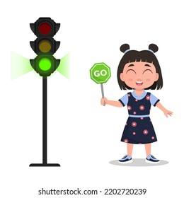 Girl with a sign to go. The traffic light shows a green signal. Vector illustration