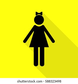 Girl sign illustration. Black icon with flat style shadow path on yellow background.