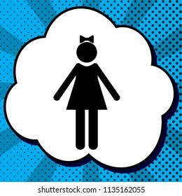 Girl sign illustration. Vector. Black icon in bubble on blue pop-art background with rays.