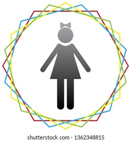 Girl sign illustration. Vector. Black icon with patch of light inside colorful hexagonal frames at white background.