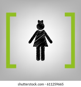 Girl sign illustration. Vector. Black scribble icon in citron brackets on grayish background.
