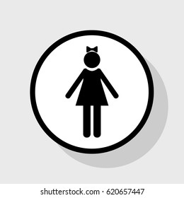 Girl sign illustration. Vector. Flat black icon in white circle with shadow at gray background.