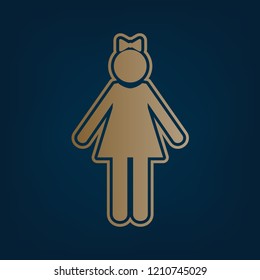 Girl sign illustration. Vector. Golden icon and border at dark cyan background.