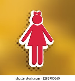 Girl sign illustration. Vector. Magenta icon with darker shadow, white sticker and black popart shadow on golden background.