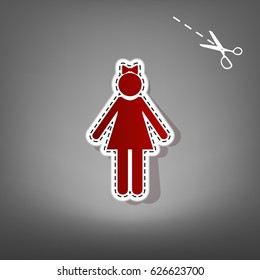 Girl sign illustration. Vector. Red icon with for applique from paper with shadow on gray background with scissors.