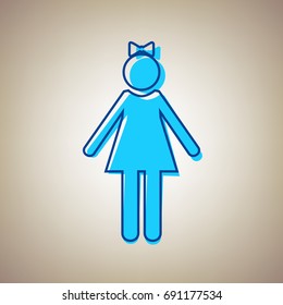 Girl sign illustration. Vector. Sky blue icon with defected blue contour on beige background.