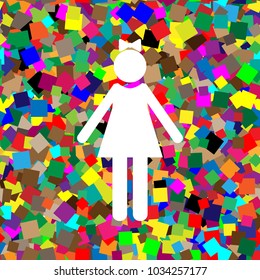 Girl sign illustration. Vector. White icon on colorful background with seamless pattern from squares.