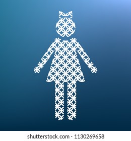 Girl sign illustration. Vector. White textured icon at lapis lazuli gradient background.