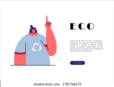 Girl with a sign for recycling materials. Eco concept. Sustainable development. Flat vector illustration.