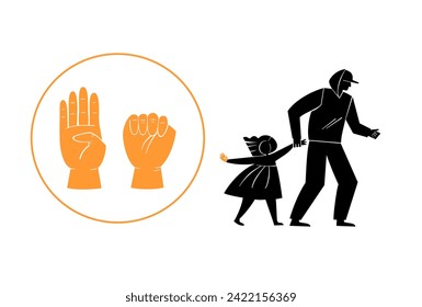 Girl signals for help with her hand when someone tries to kidnap her. Vector illustration of international gesture for help.