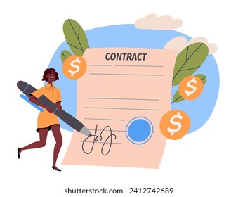 Girl signs contract concept. Woman with pencil near document and agreement, deal. Collaboration and cooperation, partnership. Businesswoman and investor. Cartoon flat vector illustration