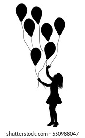 Girl silhouette with balloons on white background