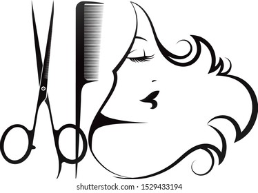 Girl silhouette curls hair scissors and comb for beauty salon