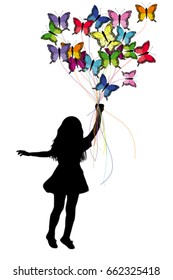 Girl silhouette dragged by colorful butterflies