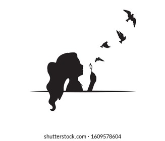 Girl silhouette with flying birds. Artwork isolated on white background isolated on white background