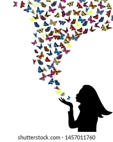 Girl silhouette with flying butterflies. Vector illustration