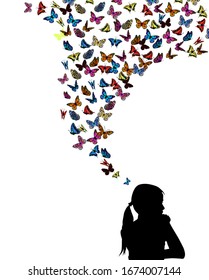 Girl silhouette with flying butterflies. Vector illustration