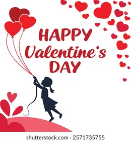 A girl silhouette, flying with red heart-shaped balloons, against a white background adorned with falling hearts and the words "HAPPY VALENTINE'S DAY" in a festive red script font.