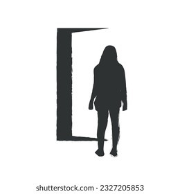 Girl silhouette in front of mysterious door.