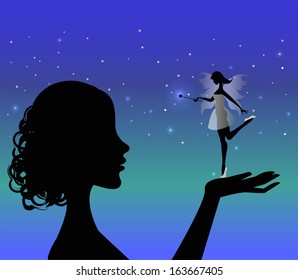 girl silhouette holding a fairy